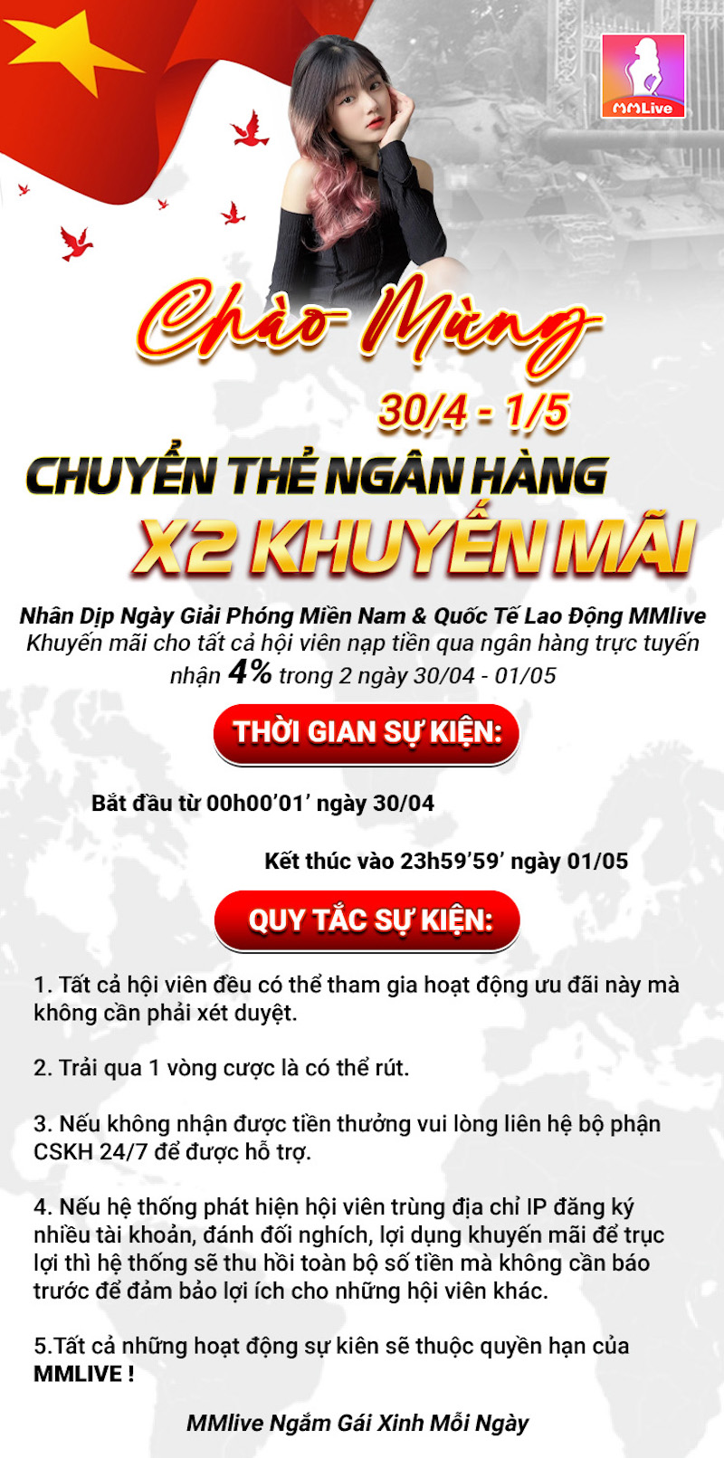 Nạp tiền ngay nhận hoàn trả x2 lần trong dịp lễ 30/4 và 1/5 tại MMlive 3 Thông tin chi tiết sự kiện