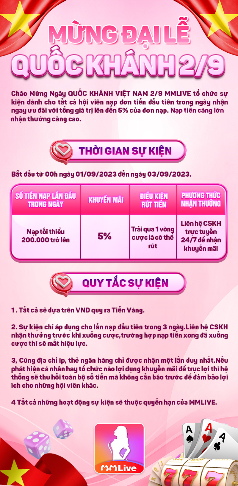 MMLive Chào Mừng Ngày Quốc Khánh Việt Nam 2/9 Ưu Đãi Lên Đến 5% - Nạp Tiền Càng Lớn Nhận Thưởng Càng Cao 2 Thông tin chi tiết